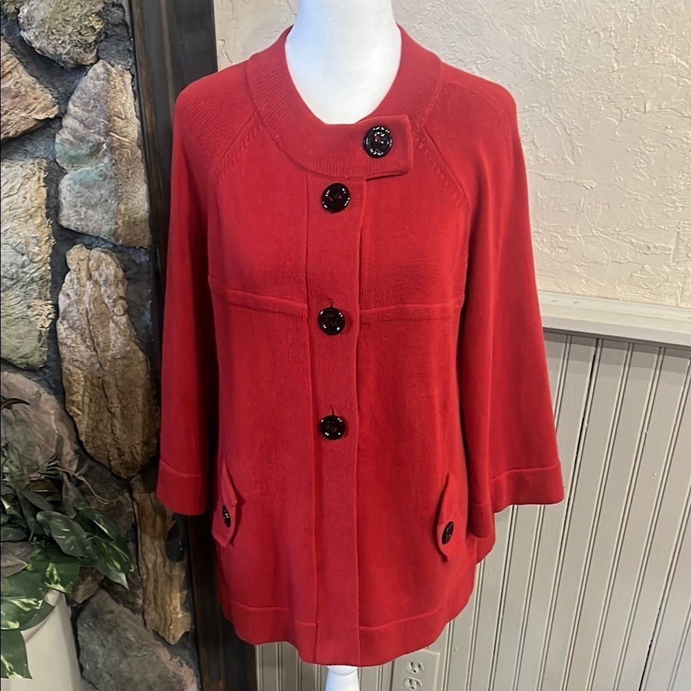 Jones New York Red Cardigan/Coat with Wide Collar and Three-Quarter Sleeves